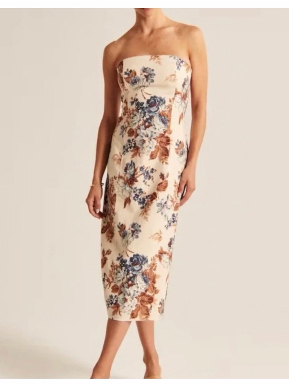 Abercrombie & Fitch Cream Strapless Floral Midi Dress with Blue and Brown Blooms